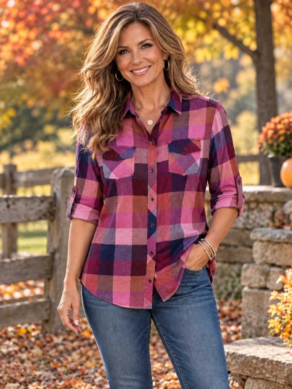 ARIZONA JEANS Flannel Shirt Lightweight Collared Button-Up Pink Plaid L